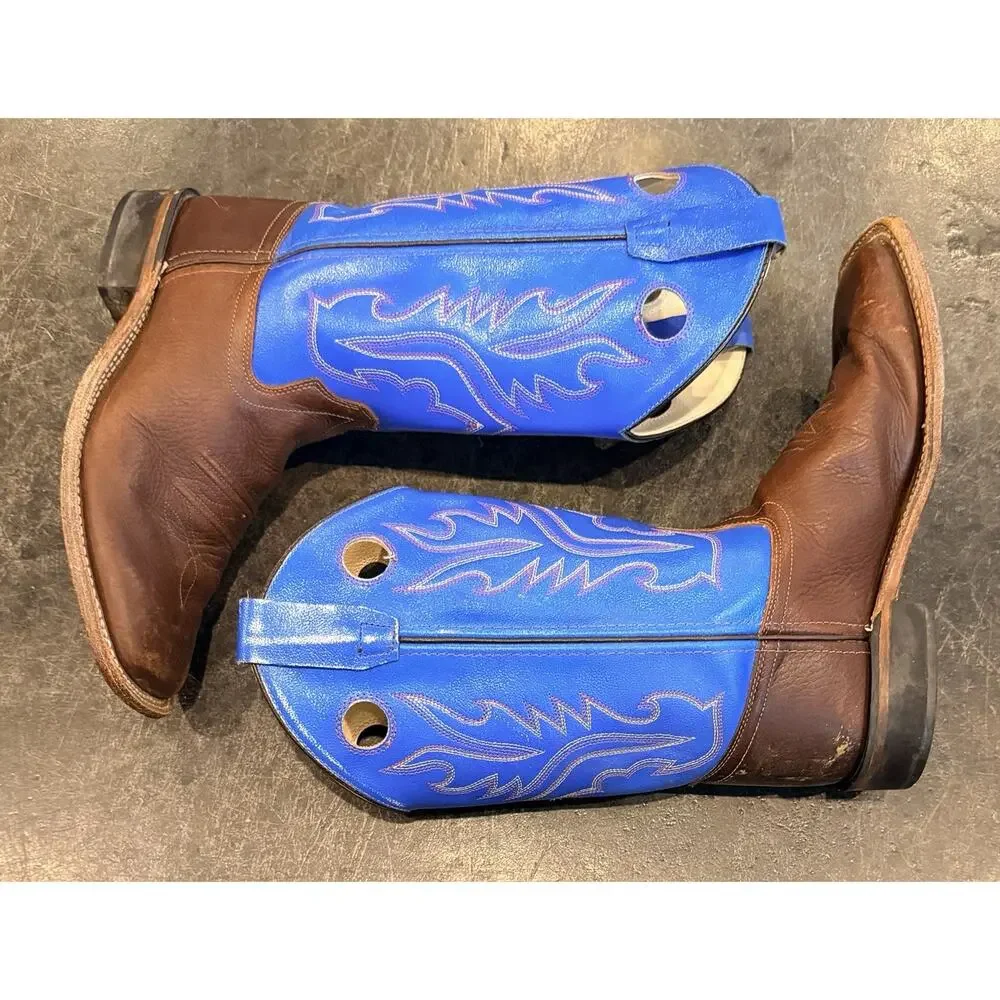 Boys Old West BSY1840 5.5 Brown Leather Square Toe Boots Western Cowboy Blue